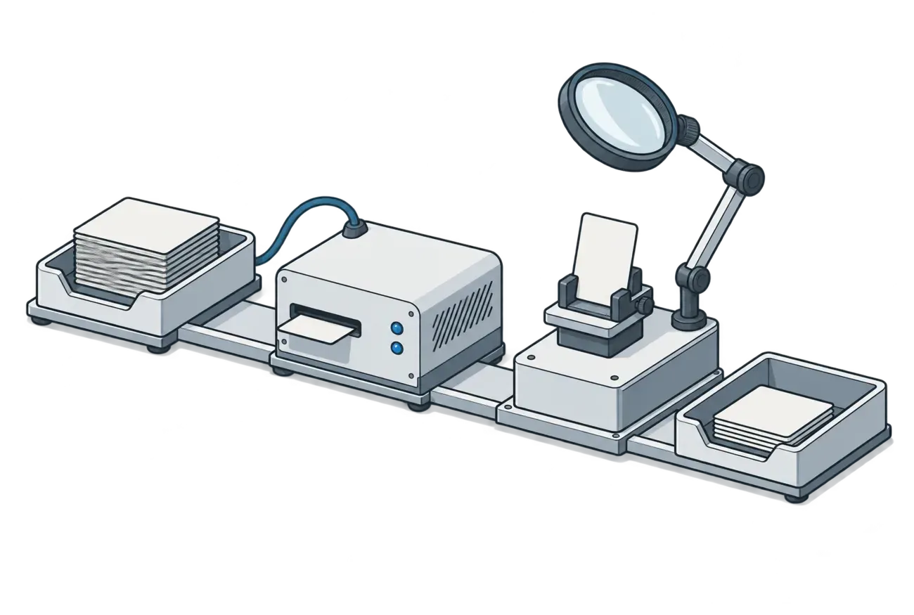 A short bench line: an intake tray of cards, a processing unit, then a raised inspection stand holding one card upright under a magnifier before the output tray