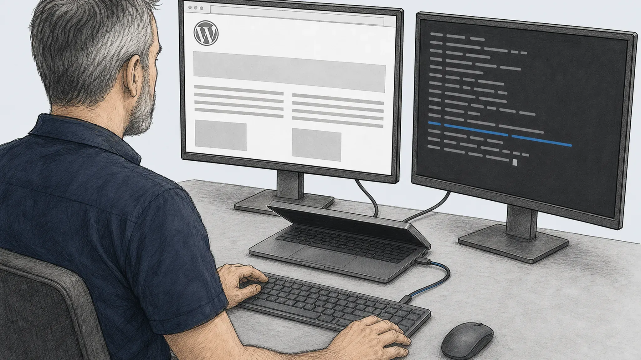 A systems administrator seen from behind at a desk with two monitors, one showing a WordPress site and the other a terminal, with a laptop propped half open between them and cabled to both screens and an external keyboard