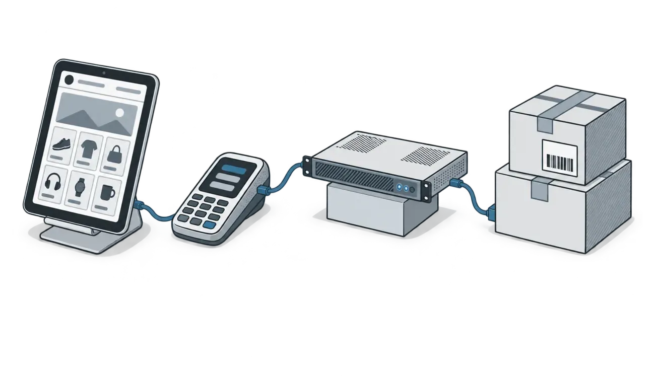 A shop taken apart into four connected pieces — a tablet storefront, a card terminal, one appliance and two shipping cartons — with the appliance raised on a block for inspection