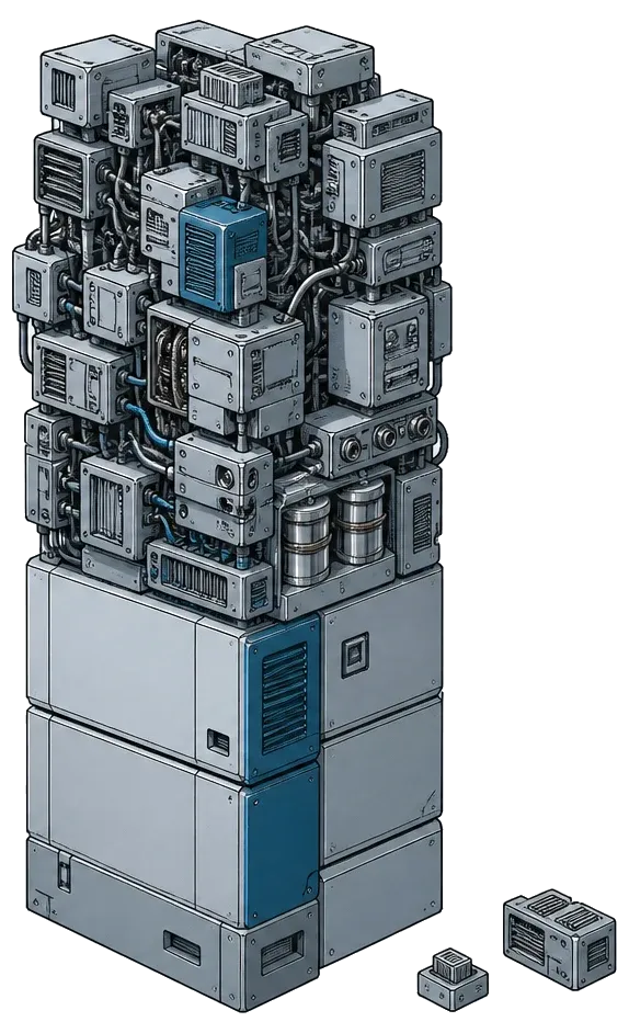 A tall modular technical assembly: crowded mismatched components above resolving into a few large clean modules below, with superseded parts set aside