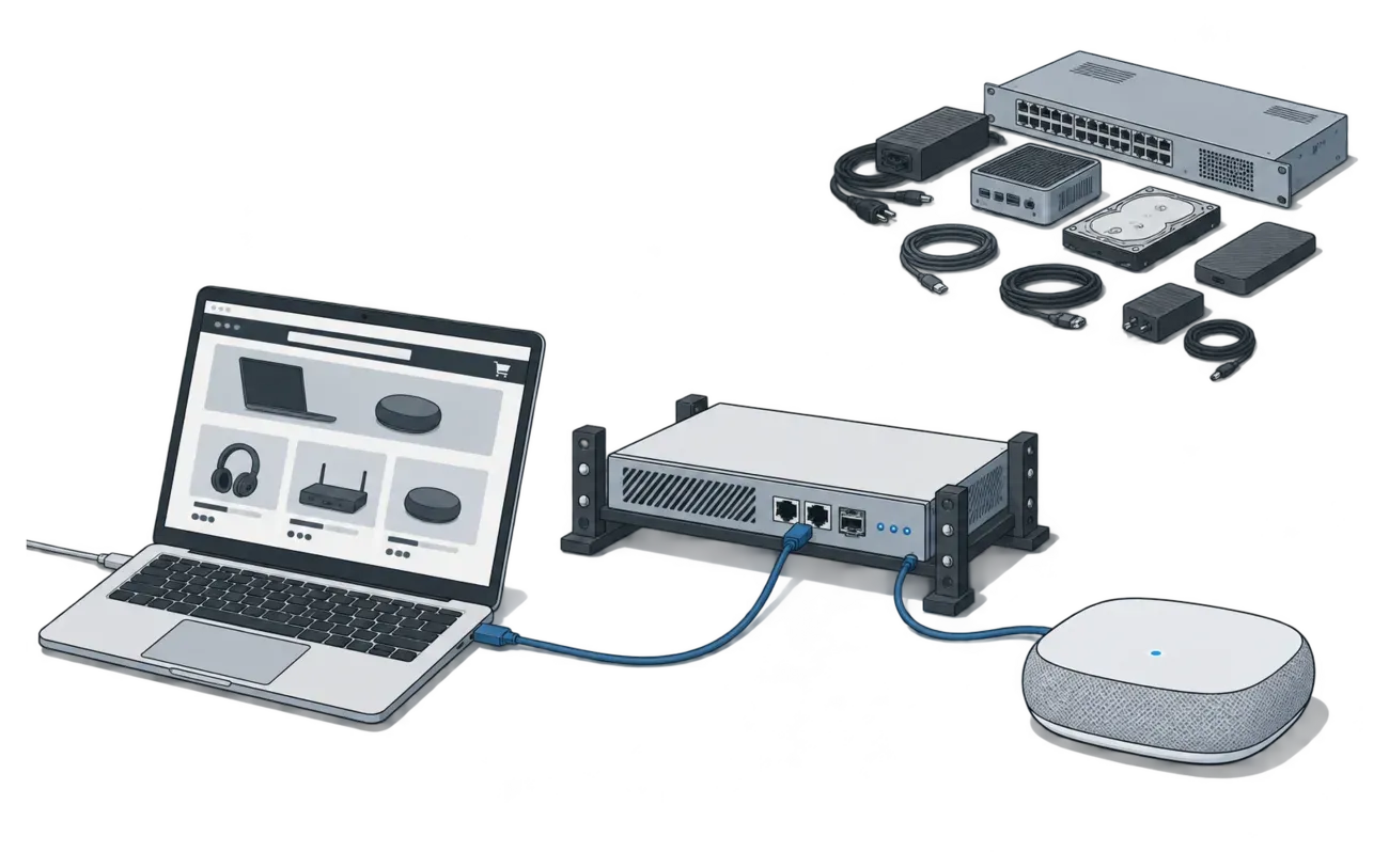 A laptop showing an online shop, one compact rack appliance and one Wi-Fi node joined by a single cable, with a group of older unplugged devices and their coiled cables set aside behind them