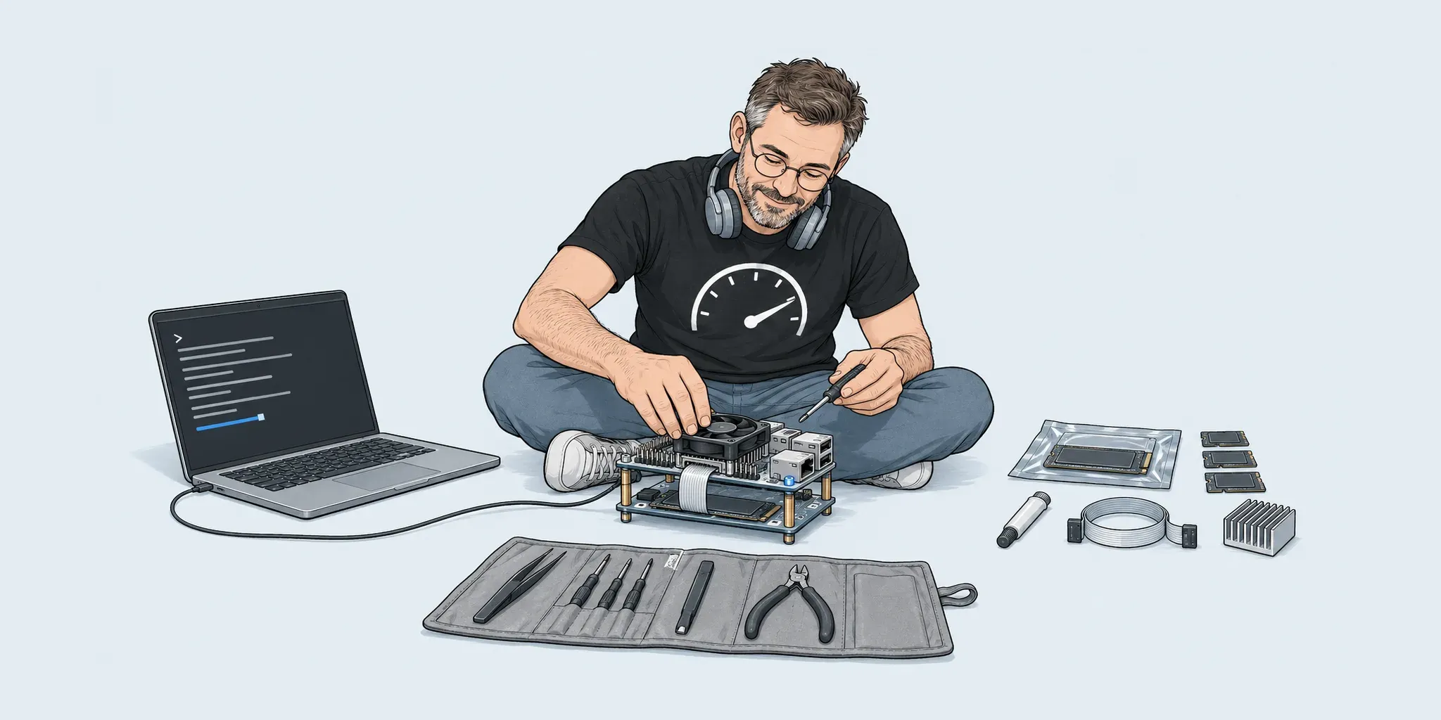 An engineer sits cross-legged on the floor fitting a small cooling fan onto a single-board computer stacked above an NVMe drive, with a laptop terminal beside him, a tool roll in front and spare drives and a heatsink laid out to his right