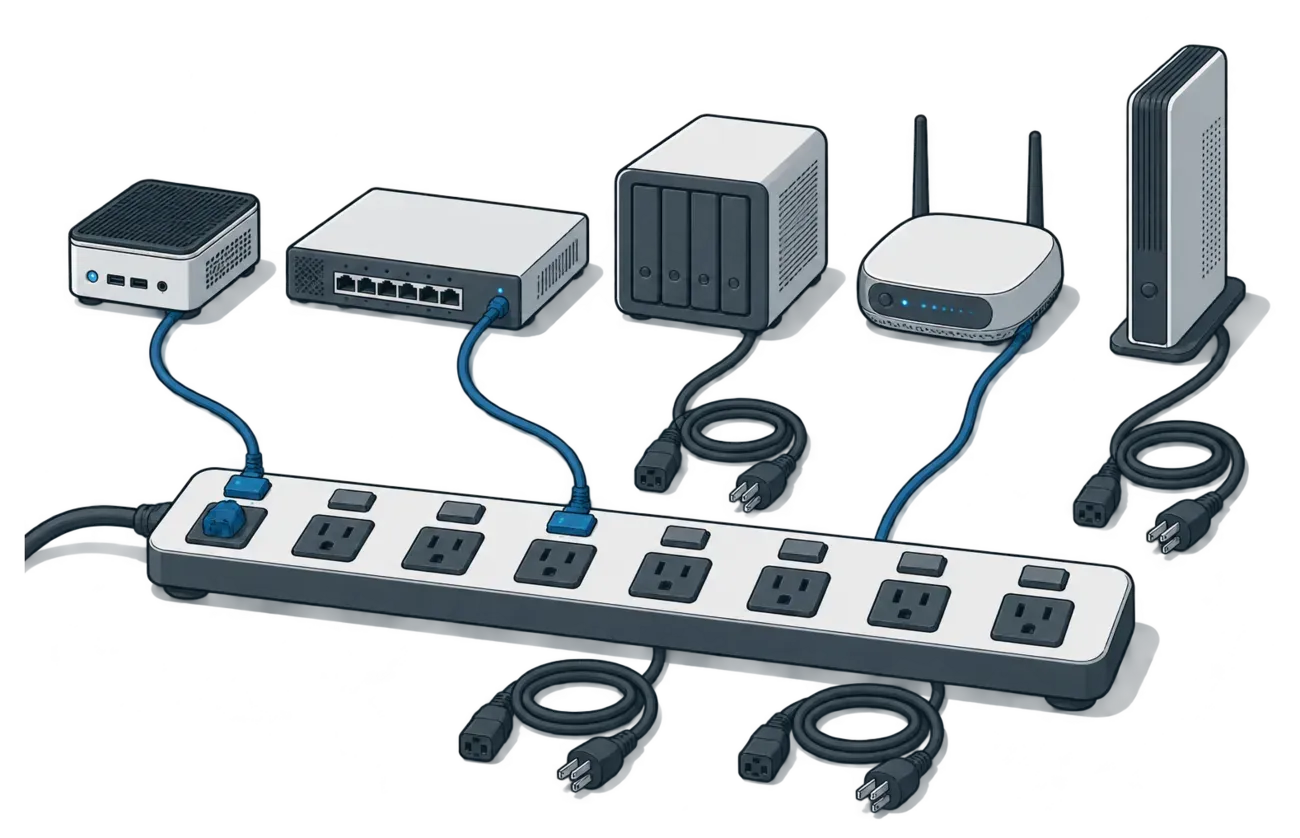 Five appliances standing behind one power strip, two of them plugged in and lit, the other three with their plugs pulled out and coiled on the surface