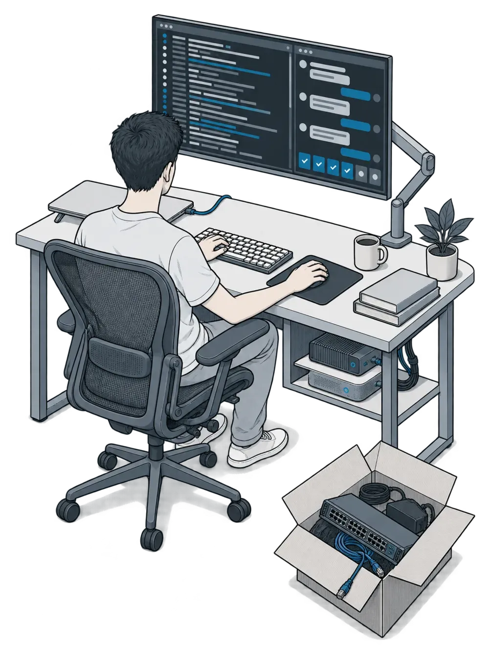 A systems administrator seen from behind at a modern desk, an AI operations console on a wide monitor, one mini-PC and one Wi-Fi node on the shelf below, and a box of removed equipment beside the desk