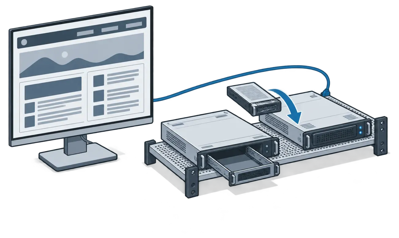 A monitor showing an unchanged website beside two rack appliances, a drive module moving from the old one with its empty tray out to the new one already lit, joined by one unbroken cable