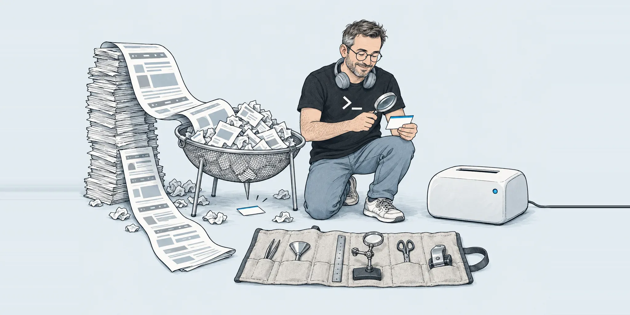 Engineer inspecting a small card beside a sieve full of web pages and an open tool roll