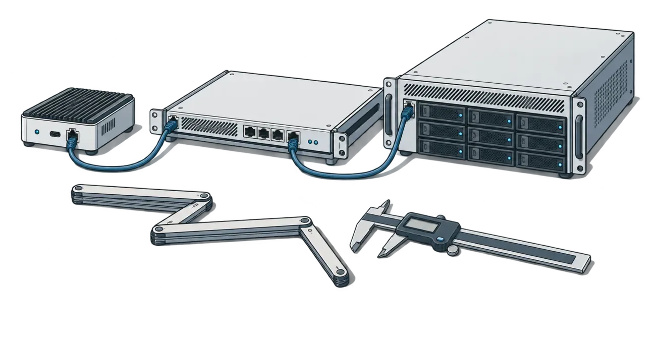 A mini-PC, a rack appliance and a larger drive chassis standing in one line, each sized to its own job and joined by identical short cables, with a folding rule and callipers laid in front