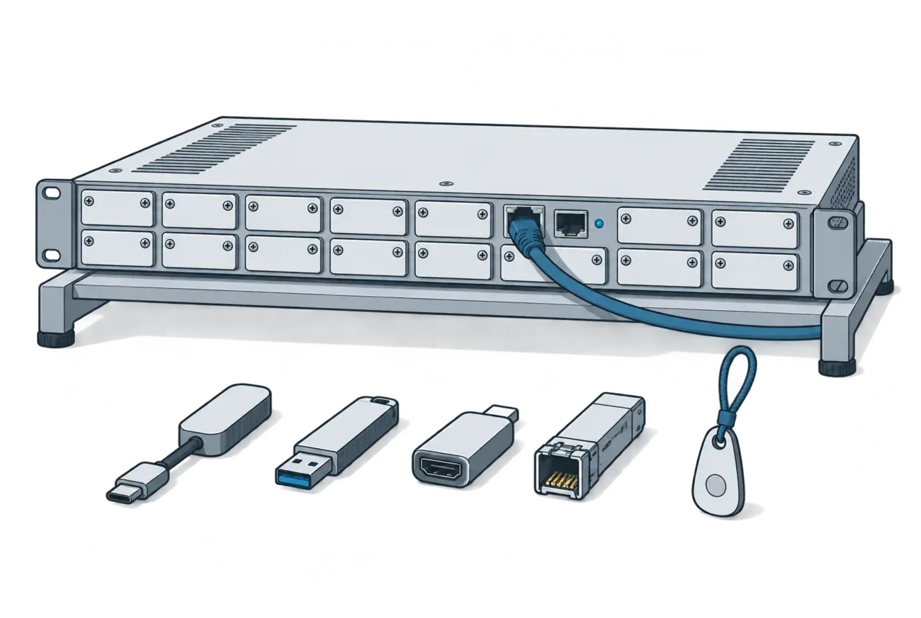 The rear face of a rack appliance with fourteen of its sixteen ports sealed under blanking plates and only two live, with the removed dongles and adapters laid in a row beneath it