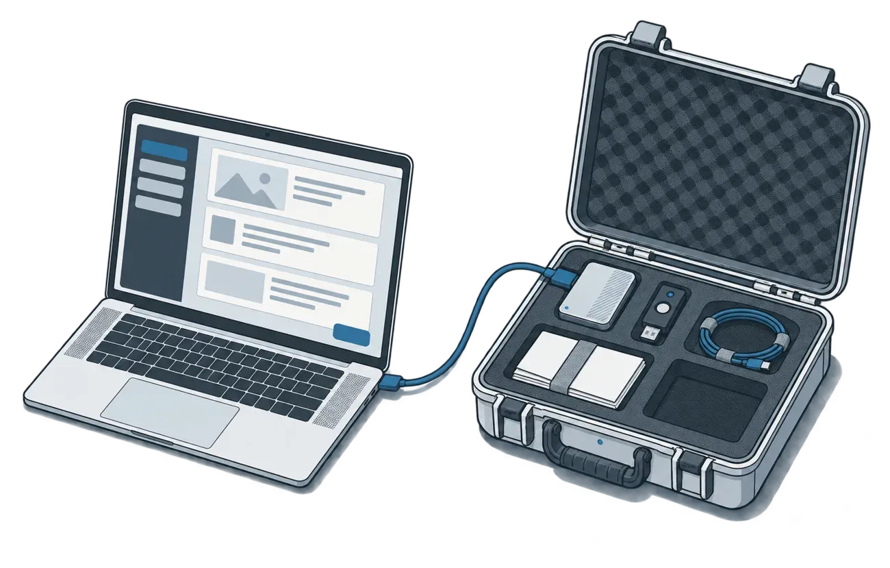 A laptop showing a content editor beside an open hard-shell case, its foam recesses holding a drive, a security key, a coiled cable and plain papers, joined by a single cable