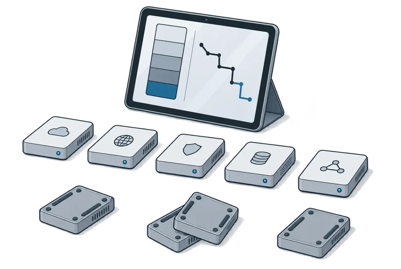 A tablet showing a cost breakdown above a row of nine small service tiles, five still lit and aligned, four pulled out of the row and turned face down